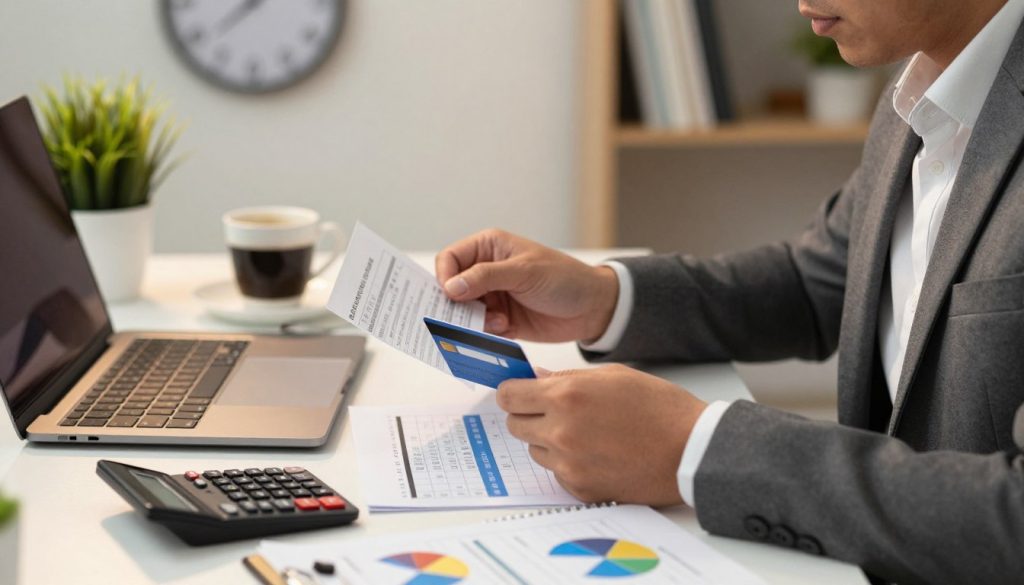 A close-up view of a professional-looking person in business attire, seated at a desk, analyzing credit card statements and a budget spreadsheet. The foreground features a well-organized workspace with a laptop, a calculator, and a notepad scattered with colorful financial graphs. The middle ground includes a cup of coffee and a plant, contributing to a calm and productive atmosphere. In the background, a softly blurred wall clock and bookshelf evoke a sense of time management and financial literacy. The lighting is warm and inviting, casting gentle shadows, while a slight overhead angle captures the person's focused expression. The mood is one of determination and mindfulness, highlighting the importance of understanding spending habits.