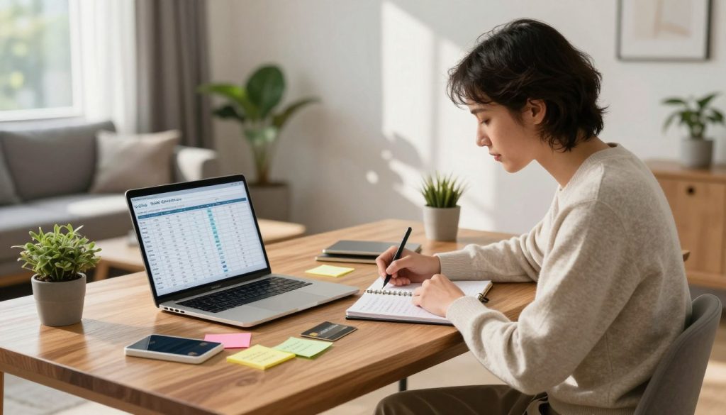 A modern home office with a stylish wooden desk at the forefront, featuring a sleek laptop displaying a budget spreadsheet. In the middle, a focused young professional in modest casual attire, perhaps a light sweater, is writing notes on a notepad, surrounded by colorful sticky notes outlining monthly spending limits. The background shows a cozy living area with soft, natural lighting coming from a large window, casting gentle shadows and creating an inviting atmosphere. Potted plants add a touch of greenery, further enhancing the calm environment suited for financial planning. The overall mood is peaceful yet productive, capturing the essence of responsibility and control over credit card spending without any distractions or clutter.