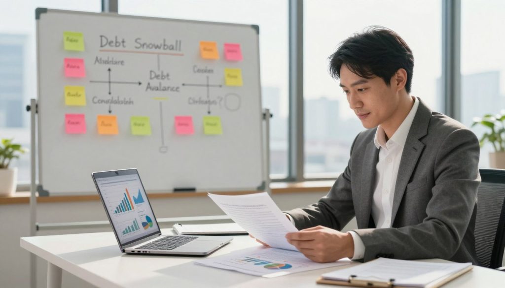 A modern office setting featuring a professional workspace dedicated to debt consolidation options. In the foreground, a confident financial advisor in business attire is seated at a sleek desk, reviewing paperwork and a laptop displaying various graphs and charts related to debt reduction strategies. The middle ground features a whiteboard with colorful sticky notes outlining different debt management tactics, like "Debt Snowball" and "Debt Avalanche". In the background, a window offers a cityscape view, bathed in warm, natural light, creating an optimistic atmosphere. The camera angle is slightly tilted downwards to emphasize the advisor's engagement with the tools at hand, giving a sense of focus and determination.