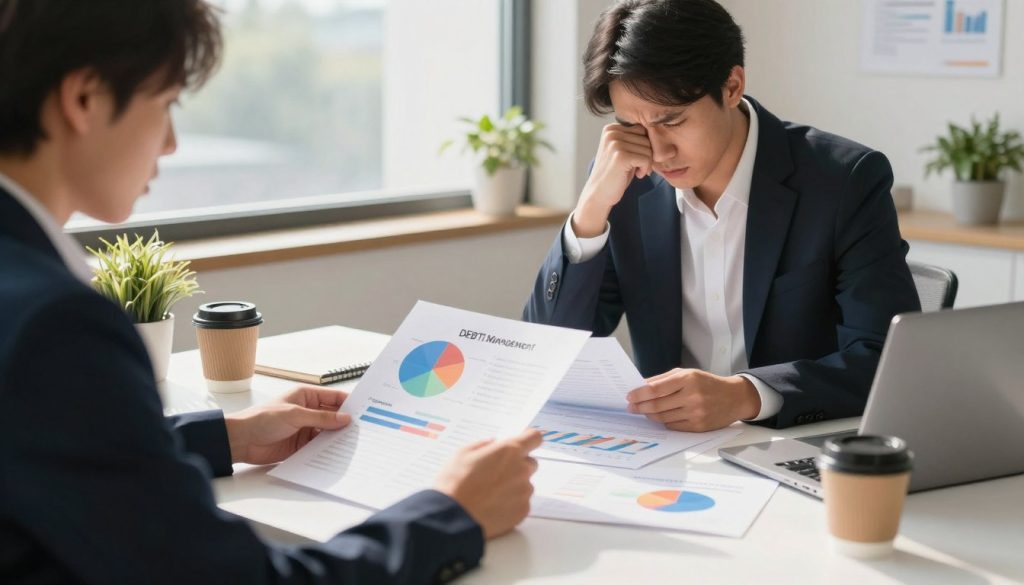 A professional workspace showcasing debt management techniques. In the foreground, a person dressed in smart business attire sits at a clean, organized desk, reviewing financial documents and a laptop, brows furrowed in concentration. In the middle, colorful pie charts and graphs illustrate various debt categories, highlighting key figures and trends. Plants and a coffee cup add a sense of warmth and comfort. In the background, a large window allows natural light to stream in, illuminating the space and casting soft shadows, enhancing a focused atmosphere. The overall mood is one of determination and clarity, emphasizing the importance of assessing one's financial situation.