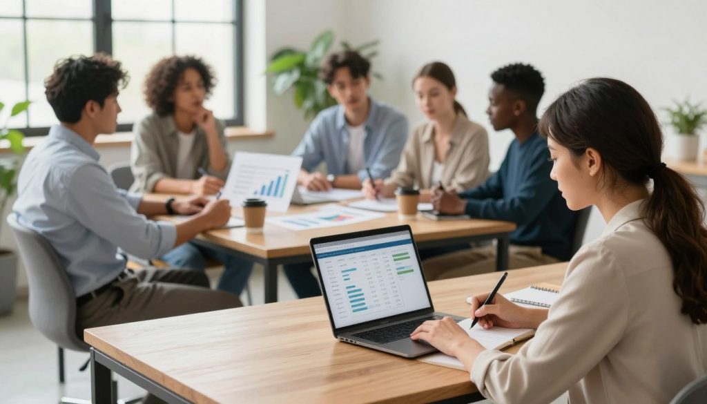 A serene and inspiring office space featuring a diverse group of people engaged in thoughtful discussions about mindful spending strategies. In the foreground, a woman in professional attire sits at a wooden desk, writing notes while looking at a laptop displaying budgeting apps. The middle layer showcases a diverse group of individuals, both genders, in smart casual clothing, gathered around a table with coffee cups, sharing ideas and strategies through visuals like charts and graphs. The background includes a large window allowing natural light to flood the room, brightening the atmosphere, with green indoor plants creating a calming effect. The overall mood is focused yet relaxed, emphasizing collaboration and positivity in financial decision-making.
