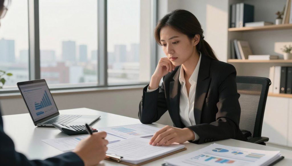 A thoughtful professional woman in a modern office setting is seated at a sleek desk cluttered with financial documents, a calculator, and a laptop displaying graphs. She has an expression of concentration, dressed in professional business attire. In the foreground, a close-up of her hand holding a pen poised over a notepad filled with notes and figures. In the middle ground, a large window shows a cityscape bathed in warm afternoon light, casting soft shadows that create a calm and focused atmosphere. In the background, minimalist shelves with books about finance and money management emphasize the theme. The overall mood is one of diligence and clarity, reflecting the importance of evaluating one's financial situation with seriousness and intent.