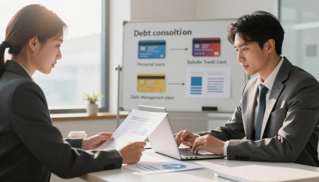 A visually engaging scene depicting various debt consolidation methods. In the foreground, a professional in business attire is seated at a modern desk, reviewing financial documents and analyzing charts on a laptop. The middle ground features a whiteboard filled with colorful infographics illustrating different types of debt consolidation: personal loans, balance transfer credit cards, and debt management plans. In the background, a bright office space with large windows allows sunlight to filter through, creating an uplifting atmosphere. The lighting is soft and warm, casting gentle shadows, while the angle focuses on the desk, creating a sense of depth. The mood is one of focus and determination, symbolizing smart financial decisions and a path to improved credit health.